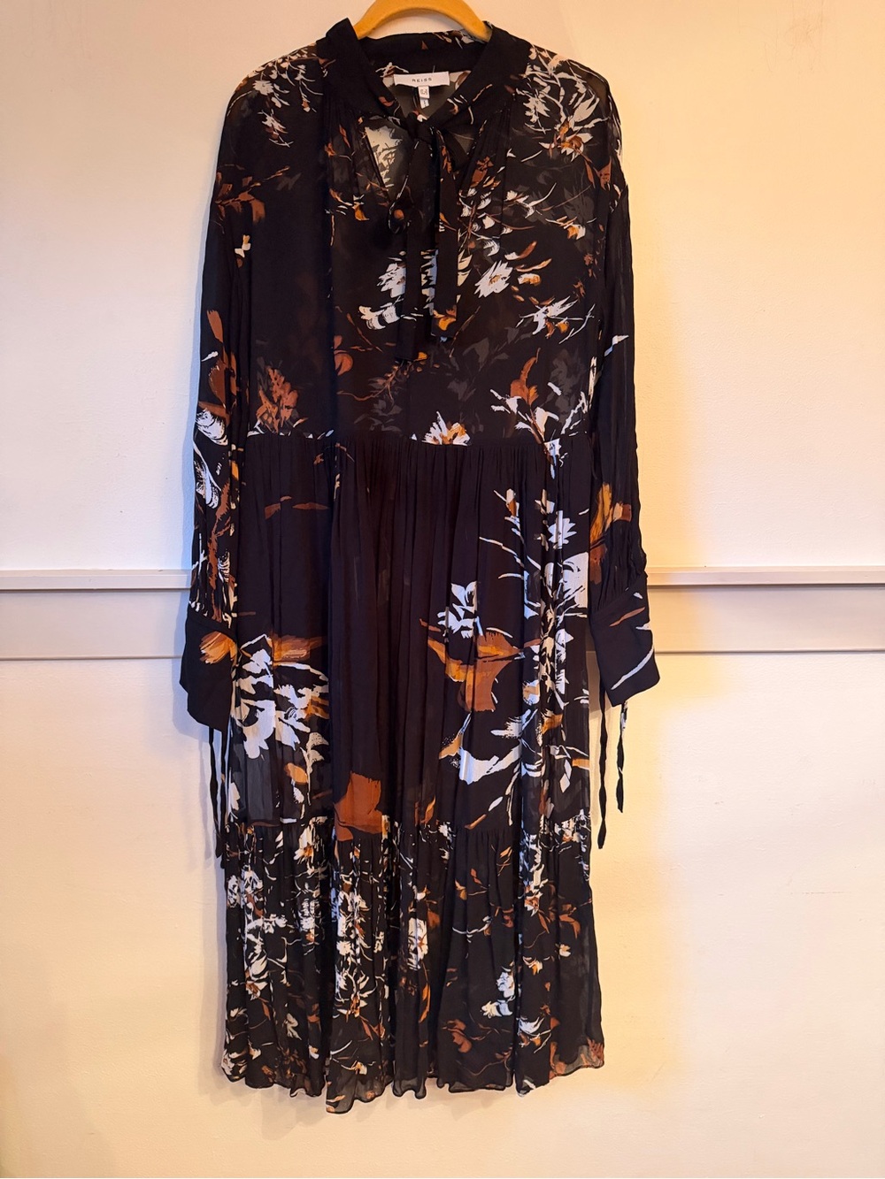 REISS Charolette Black Floral-Print Midi Dress with Rust Accents - Picture 6 of 10
